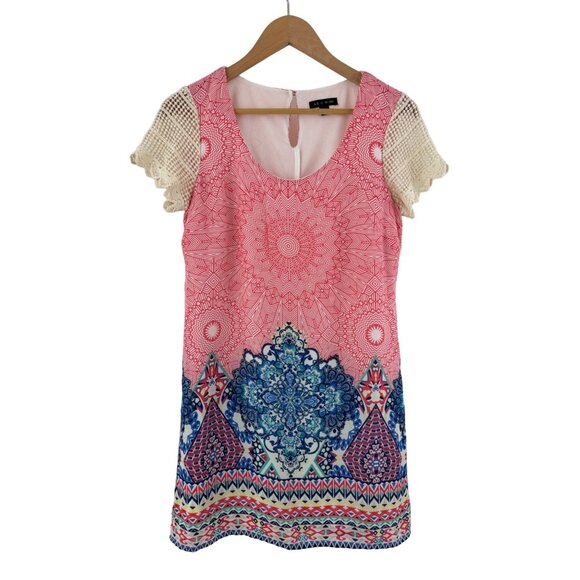 Size Small MIXED PRINT DRESS CROCHET SLEEVES Spring Summer Wedding Party Church - Picture 7 of 7